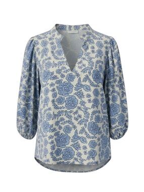 Smith & Quinn Blue Floral V-Neck Blouse | Size Large | Puff Sleeve | Like New
